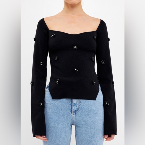 NEW Endless Rose Embellished Floral Sequin Sweater Anthropologie Black XS NWT - Picture 2 of 10